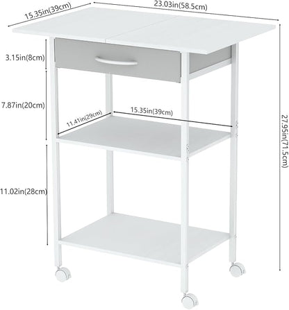 Arbuxzuy 3-Tier Printer Stand, Printer Table with Fabric Drawer, Industrial Printer Storage Cart with Wheels, Rolling Printer Stand for Heat Press Scanner Fax, White