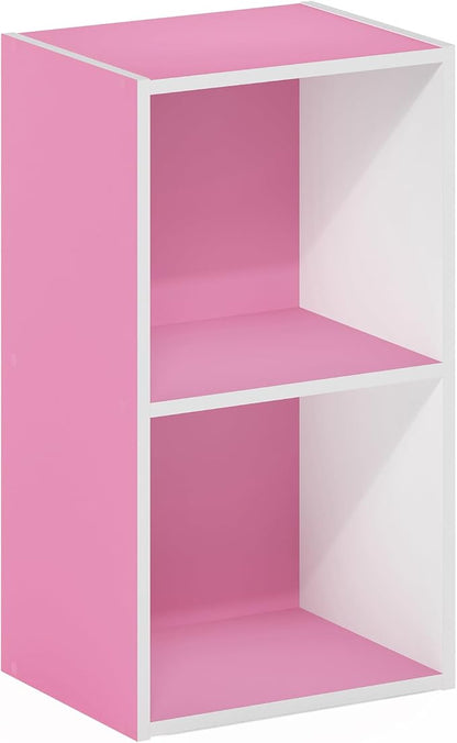 Furinno PASIR Book Shelf, 2-Tier Modern Bookshelf, Open Shelves Bookcase 9 x 12 x 21, Easy Assembly, for Living Room, Bedroom, Home Office, Pink/White