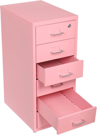 Vertical File Cabinet, 6 Drawers Rolling File Organizer Cabinets with Lock, Heavy Duty Metal Storage Cabinet, Movable Under Desk Filing Cabinet for Office, Study, Dresser (Pink)