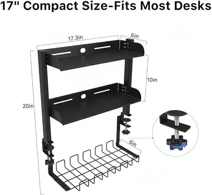 Clamp On Desk Shelf, 17'' 2-Tier Desktop Organizer Shelf with Under-Desk Hidden Storage Basket, Heavy-Duty Desk Shelves for Top of Desk, Space-Saving Desk Storage for Home Office Gaming Setup (Black)