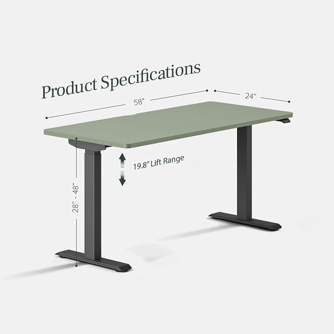 Branch Duo Standing Desk 58 Inches - Adjustable Standing Desk with 20” Range - OLED Control Panel - Frameless Design & Compact Size Suitable for Many Spaces - Sage Top - Charcoal Base