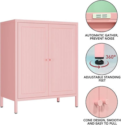 Metal Accent Storage Cabinet for Home,LivingRoom, Office,Kitchen- Metal Locker Cabinet with 1 Adjustable Shelves-Bathroom Floor Storage Cabinet Freestanding Organizer(Stripe Door, Pink)