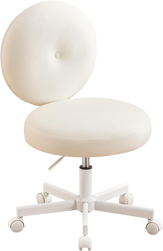 Furniliving Round Velvet Vanity Chair with Wheels, 360° Swivel Armless Desk Chair, Adjustable Height Rolling Makeup Chair for Bedroom Study Room, White