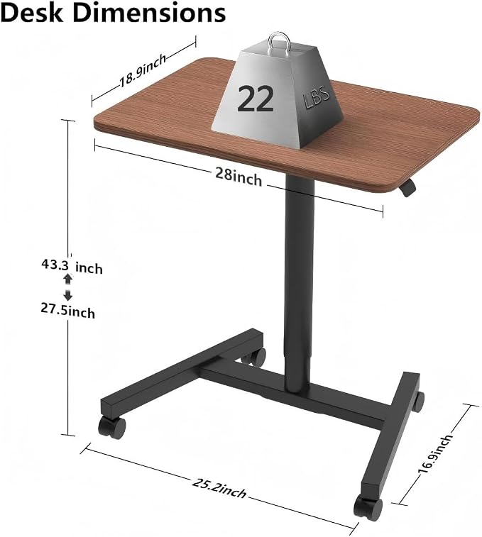 28-Inch Mobile Standing Desk, Adjustable Computer Desk, Portable Standing Desk with Lockable Wheels, Rolling Table for Home Office Classroom Hospital (Walnut)