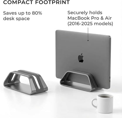 HumanCentric Vertical Laptop Stand Compatible with MacBook Pro and MacBook Air, Holder for Personal Computer Desk Stand, Aluminium, Exchangeable Inserts to Fit Different Device Models, Silver
