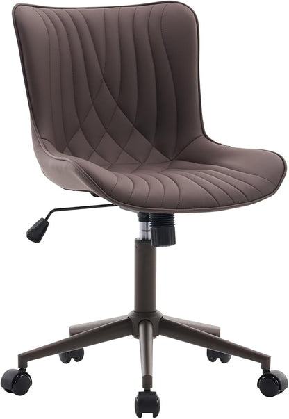 YOUTASTE Armless Office Desk Chair with Wheels, Adjustable Swivel Vanity Chair, PU Leather Upholstered, Ergonomic Back Support, Modern All Brown Computer Chair for Home Office, Bedroom, Study