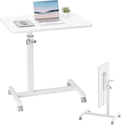 GTPLAYER Small Standing Desk, 24 Inches Foldable Mobile Rolling Laptop PC Table with Lockable Casters, Adjustable Height Overbed Bedside Table Computer Workstation for Home Office, White-Foldable