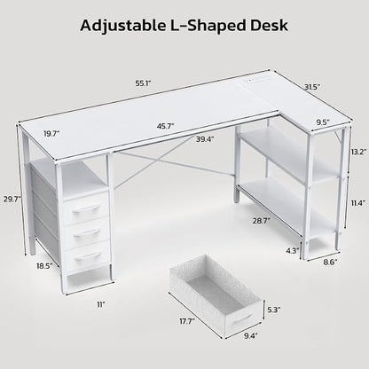 Simple Deluxe L Shaped Gaming Desk with Power Outlets, 55 Inch Computer Desk with 3 Drawers, Shelves, Corner Computer Desk for Gaming, Corner Work, Home Office, Study, White