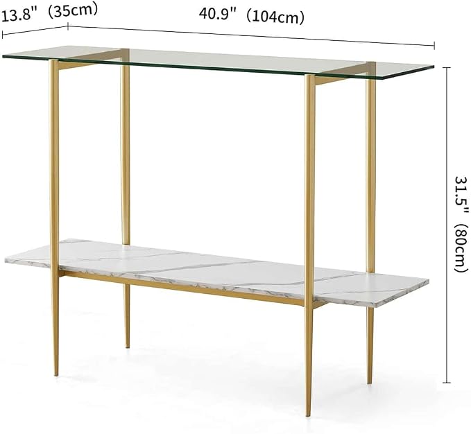 LumFurn Glass Console Table for Living Room, Foyer & Entrance, 2-Tiers Mid-Century Modern Sofa Table with Clear Glass Top, White Marble Finish Wood Shelf and Gold Finish Frame