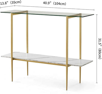 LumFurn Glass Console Table for Living Room, Foyer & Entrance, 2-Tiers Mid-Century Modern Sofa Table with Clear Glass Top, White Marble Finish Wood Shelf and Gold Finish Frame