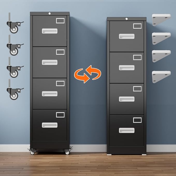 Aobabo 4 Drawer Metal File Cabinet with Lock and Wheels,Black | 15.7"D x 17.7"W x 53.2"H metal filing cabinet for letter/legal files and small office storage.