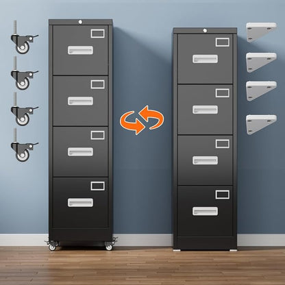 Aobabo 4 Drawer Metal File Cabinet with Lock and Wheels,Black | 15.7"D x 17.7"W x 53.2"H metal filing cabinet for letter/legal files and small office storage.