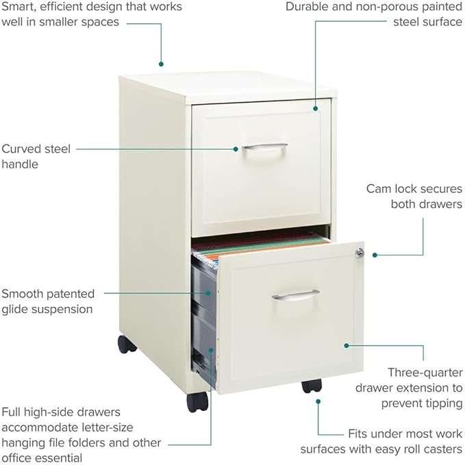 Pemberly Row 18" 2-Drawer Mobile Metal Filing Cabinet, Pearl White Finish, 26.7" H x 14.25" W x 18" D, Lockable Design with Casters, Home Office Storage Organizer for Letter-Size Hanging Files