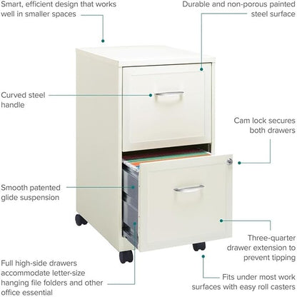 Pemberly Row 18" 2-Drawer Mobile Metal Filing Cabinet, Pearl White Finish, 26.7" H x 14.25" W x 18" D, Lockable Design with Casters, Home Office Storage Organizer for Letter-Size Hanging Files