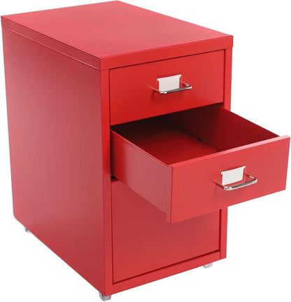 3-Drawer Mobile File Cabinet, Metal Filing Storage Cabinet with Wheels Small Nightstand Under Desk Organizer for Home Office (Red)