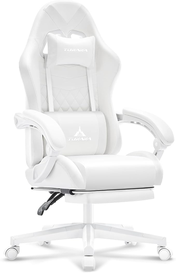 White Gaming Chair,Ergonomic Massage Computer Office Desk Chair with Footrest,Pocket Spring Cushion,Reclining Leather Adjustable Gamer Chair with Headrest and Lumbar Support,White