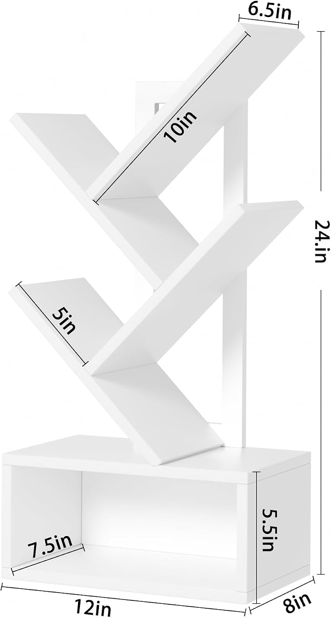 SHEEPAM Small Tree Book Shelf,5 Tier Black Tree Bookshelf,White Desktop Bookcase,Modern Desk Display Storage Bookshelves,Floor Standing Organizer Bookcases for Living Room,Bedroom,Office