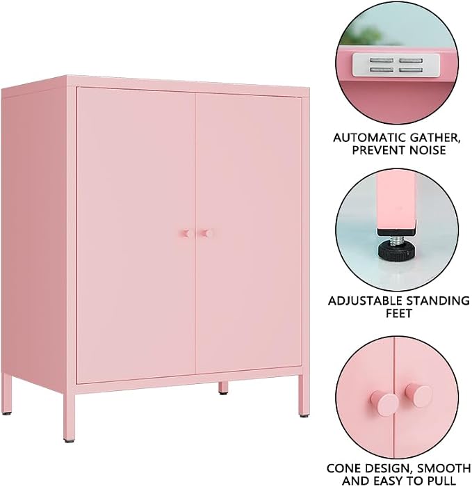 2 Door Metal Accent Storage Cabinet-Locker Cabinet for Office Room,Garage-Metal Storage Cabinet with 1 Adjustable Shelves (Pink)