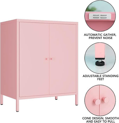 2 Door Metal Accent Storage Cabinet-Locker Cabinet for Office Room,Garage-Metal Storage Cabinet with 1 Adjustable Shelves (Pink)