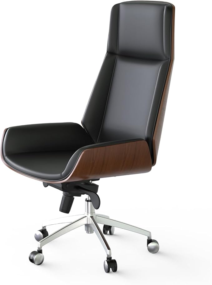 FOH Luxury Wooden Swivel and Adjustable Executive Chair, Wide Pu Leather Office Chair, Modern and Vintage Design High Back Computer Desk Chair for Conference Rooms and Home Offices (Black)