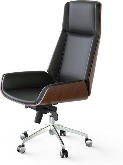 FOH Luxury Wooden Swivel and Adjustable Executive Chair, Wide Pu Leather Office Chair, Modern and Vintage Design High Back Computer Desk Chair for Conference Rooms and Home Offices (Black)