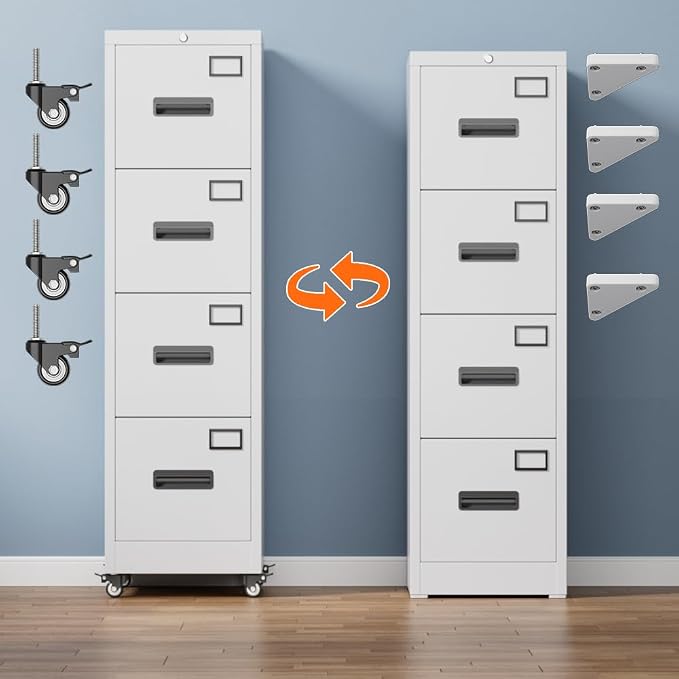 Aobabo 4 Drawer File Cabinet with Lock and Wheels, Metal Vertical Filing Cabinet with Anti-Tilt Interlock System for Home Office, Fits Letter/Legal Size, White,Required Assembly