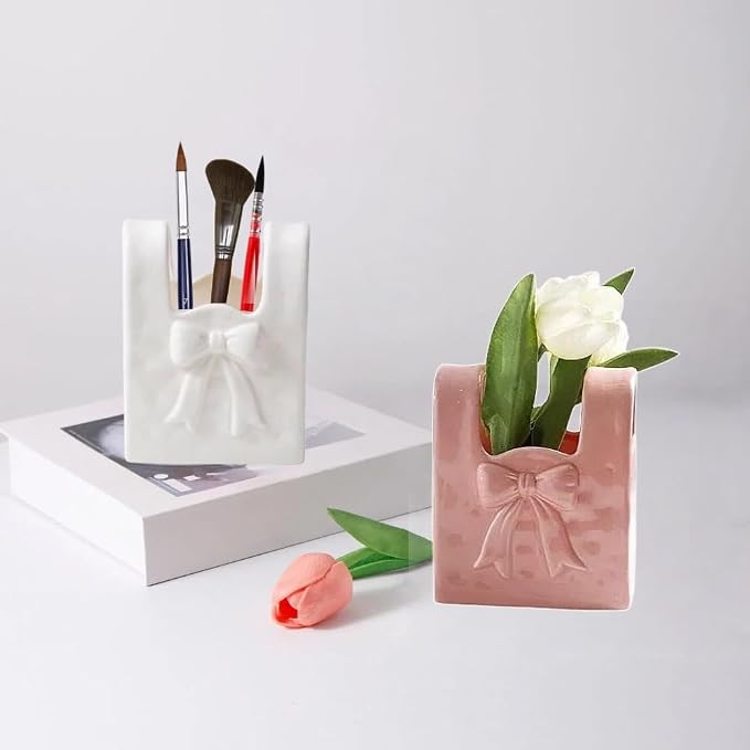 Ceramic Paint Brush Holder, Countertop Organizer,Ceramic T-shirt Bag Sharp Paint Brush Holder (White)