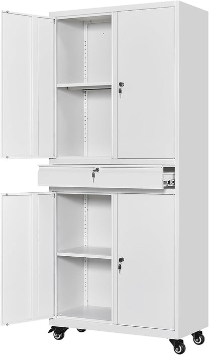White Metal Storage Cabinet with Wheels, 73" Tall Garage Rolling Storage Cabinets with Doors and Shelves, Lockable Tool Caninet Steel Locking Cabnets for Home Office, Garage, Pantry
