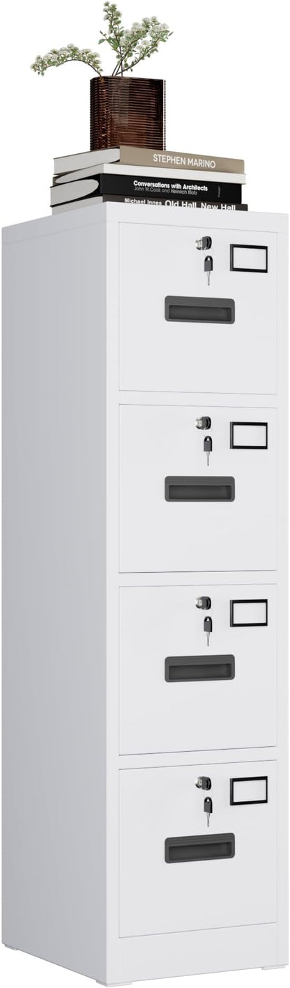Garvee 4-Drawer White Metal File Cabinet with Individual Locks, Heavy-Duty Steel Vertical Filing Cabinet for A4, Letter & Legal Size Documents, Locking Storage Cabinet for Home Office & School