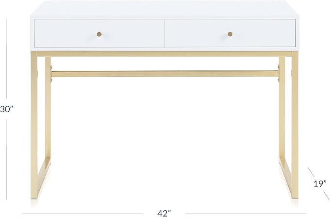 BELLEZE Modern 42 Inch Makeup Vanity Dressing Table or Home Office Computer Laptop Writing Desk with Two Storage Drawers, Wood Top, and Gold Metal Frame - Bronte (White)