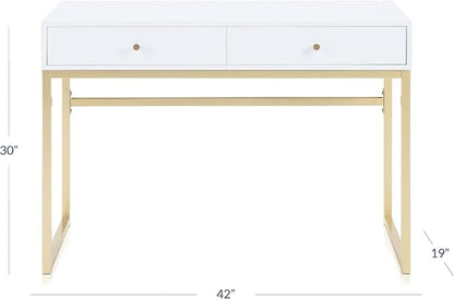 BELLEZE Modern 42 Inch Makeup Vanity Dressing Table or Home Office Computer Laptop Writing Desk with Two Storage Drawers, Wood Top, and Gold Metal Frame - Bronte (White)