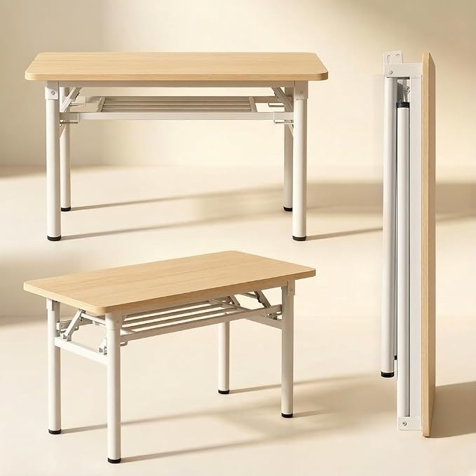 Folding Desk for Small Spaces, 31.5 Inch Foldable Computer Desk, No Assembly Required, Space Saving Portable Study Table for Compact Home Office, Bedroom, Dorm, Apartment, Teak&White