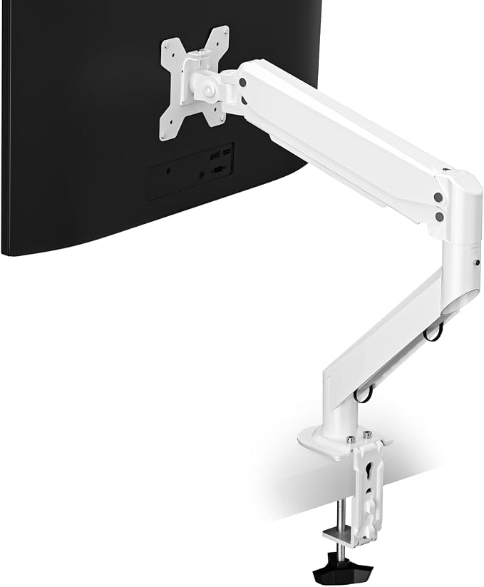 Pholiten Single Monitor Mount, Fully Adjustable Gas Spring Single Monitor Arm for up to 32 inch Screens, Computer Monitor Stand for Desk Holds up to 24lb, VESA 75/100mm, White
