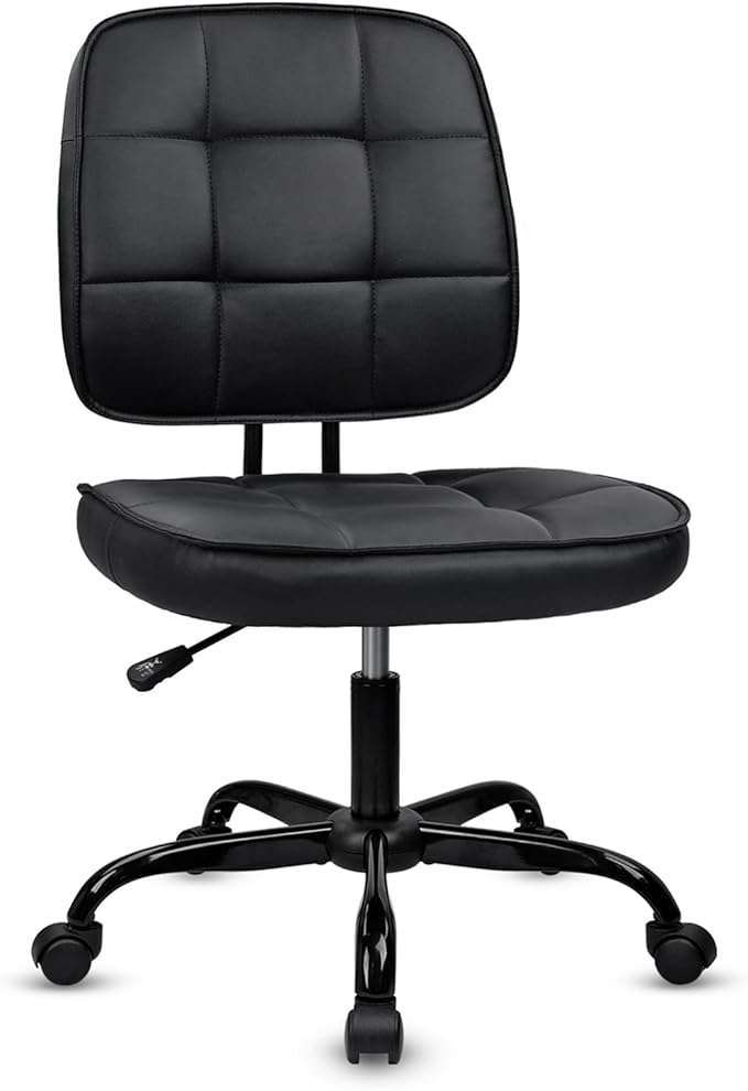 CLATINA Home Office Chair No Arms with Wheels, Armless Small Leather Ergonomic Low Back Desk Chairs Adjustable Height 360° Swivel Rolling Computer Task Chair for Work Reading Conference Room, Black