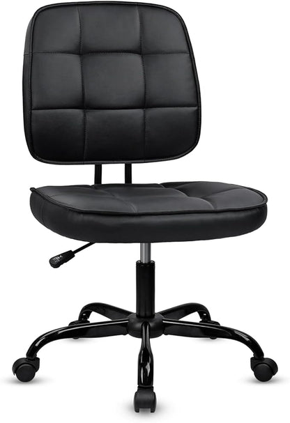 CLATINA Home Office Chair No Arms with Wheels, Armless Small Leather Ergonomic Low Back Desk Chairs Adjustable Height 360° Swivel Rolling Computer Task Chair for Work Reading Conference Room, Black