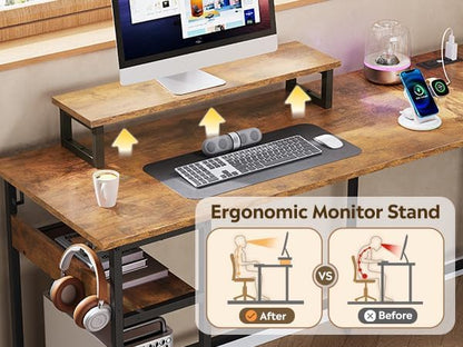 DEVAISE 66 Inch L Shaped Gaming Desk with Drawers and Storage, Corner Desk with LED Lights, Power Outlets, Computer Desk with Monitor Stand, Office Desk for Home, Rustic Brown