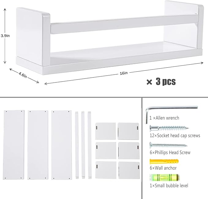 AZSKY Floating Bookshelf for Kids Room, White Wall Mounted Nursery Shelves for Bathroom, Kitchen Spice Rack, Book Shelf Photo Organizer for Baby Nursery Décor 16 Inch Set of 3