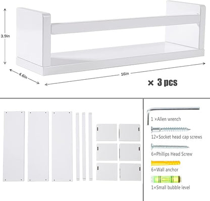 AZSKY Floating Bookshelf for Kids Room, White Wall Mounted Nursery Shelves for Bathroom, Kitchen Spice Rack, Book Shelf Photo Organizer for Baby Nursery Décor 16 Inch Set of 3