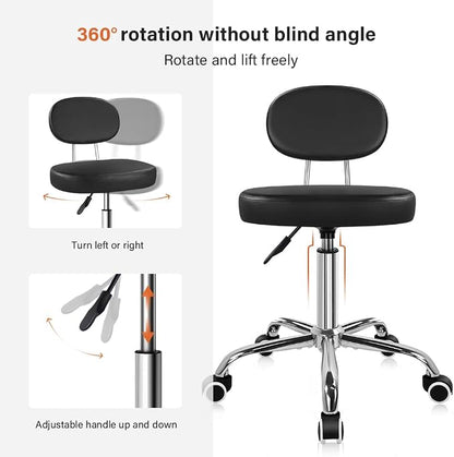 KKTONER Home Office Chair Rolling Stool with Wheels Adjustable Height Work Stool Chair Matte PU Leather Armless Office Chair with Backrest for Home Computer Desk Bedroom Black