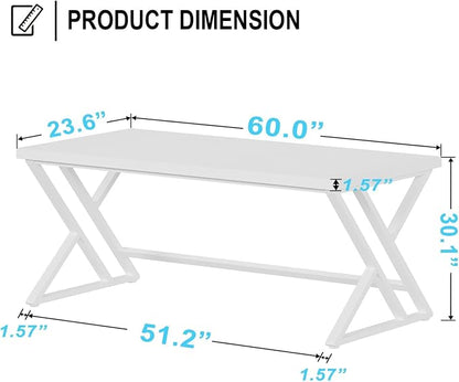 LVB Modern White Computer Desk, Long Industrial Home Office Desk for Student, Large Metal Wood Writing Study Work Desk, Farmhouse Executive Gaming Computer Table for Bedroom Living Room, White, 60 in