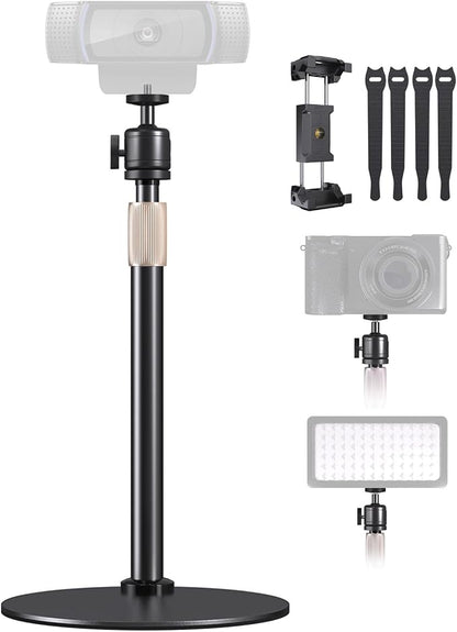 Upgraded Webcam Stand for Desk, Telescopic Webcam Tripod Mount with Ball Head, Compatible with Logitech Camera C922 C930e C920S C920 C615 C960 C920x BRIO 4K NexiGo N60, Phone Holder with 1/4" Thread