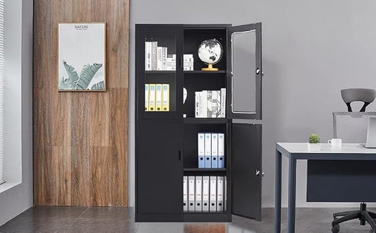 STANI Black Metal Cabinet, Locking Steel Storage with Shelves, Tall Metal Utility Cabinet 2 Doors, Lockable Steel Cabinets for Home Office (4 Doors, Black)