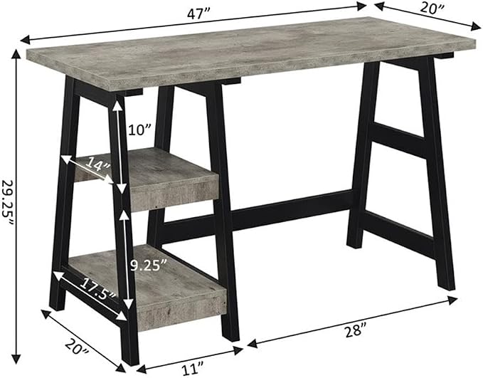 Convenience Concepts Designs2Go Trestle Desk 47" - Modern Desk or Vanity with Shelves, for Office, Dorm, Living Room, Faux Birch/Black