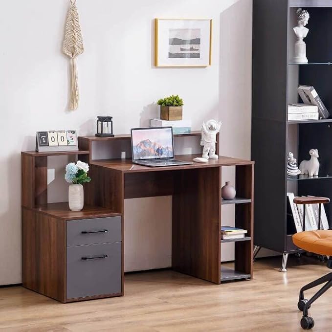 ivinta Computer Desk with Storage Shelves and Drawers, 52" Office Desk with Hutch and Storage Shelf, Modern Writing Desk Study Table for Living Room, Bedroom, Home Office 7116 (Brown)