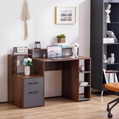 ivinta Computer Desk with Storage Shelves and Drawers, 52" Office Desk with Hutch and Storage Shelf, Modern Writing Desk Study Table for Living Room, Bedroom, Home Office 7116 (Brown)