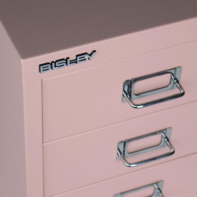 Bisley 3-Drawer Steel MultiDrawer Cabinet - Palest Pink | Chrome Pull Handles with Label Holders, Powder-Coated Steel, Removable Drawers, Desktop Storage, Labels Included