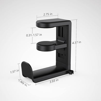 EURPMASK Rotating Headphone Stand - PC Gaming Headset Holder, Adjustable Clamp-on Under Desk Hanger With 360 Degree Swivel & Cable Clip Organizer - Black