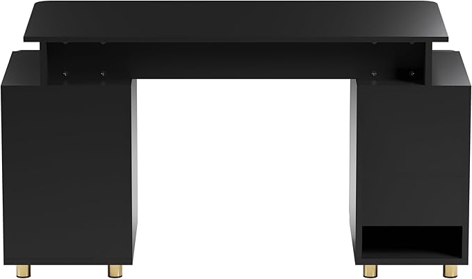 Elegant 57" W Executive Desk with 3 Drawers and Storage Cabinet, Modern Office Desk with Gold Accents, Floating Work Surface, Closed Storage with Ventilation & Adjustable Shelf (Black,Gold)