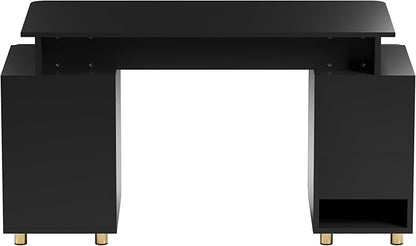 Elegant 57" W Executive Desk with 3 Drawers and Storage Cabinet, Modern Office Desk with Gold Accents, Floating Work Surface, Closed Storage with Ventilation & Adjustable Shelf (Black,Gold)