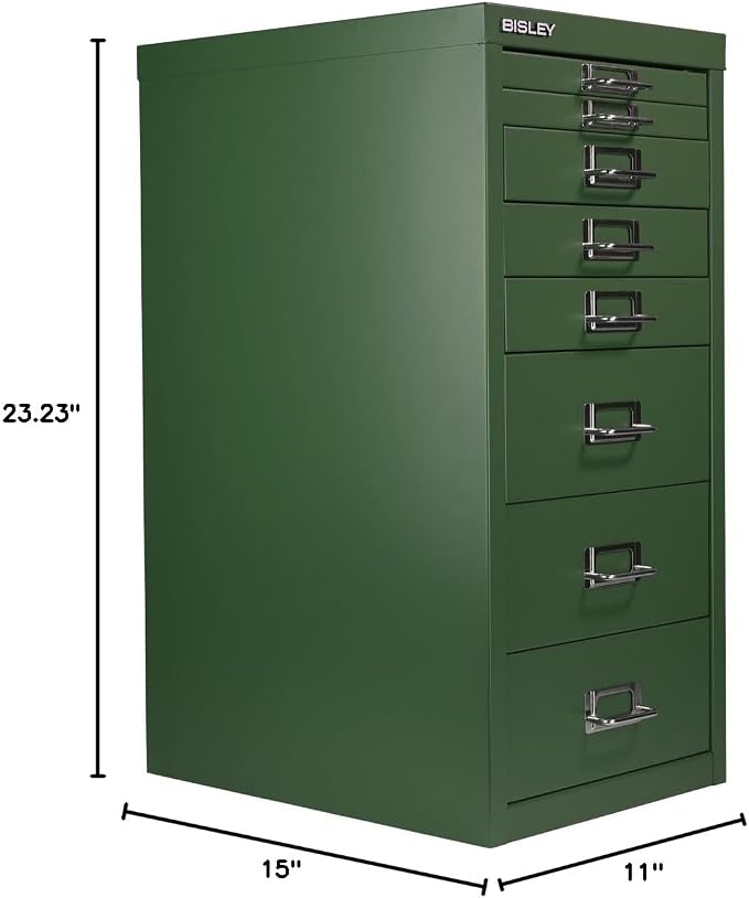 Bisley 8-Drawer Steel MultiDrawer Cabinet - Olive Green | Chrome Pull Handles with Label Holders, Powder-Coated Steel, Removable Drawers, Fits Under Most Desks, Labels Included